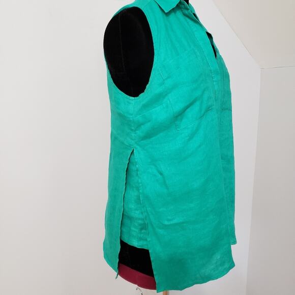 Chico's Green Sleeveless 100% Linen Button Front Blouse Medium Petite - Picture 9 of 11